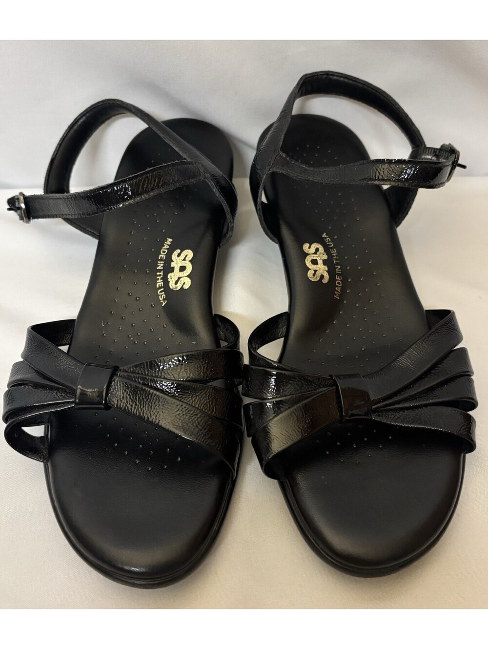 SAS Strippy Black Patent Leather Wedge Sandals Womens Size 8 W Wide NWOB USA